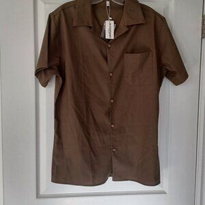 Coofandy Linen Shirt Men's Large Brown Short Sleeve